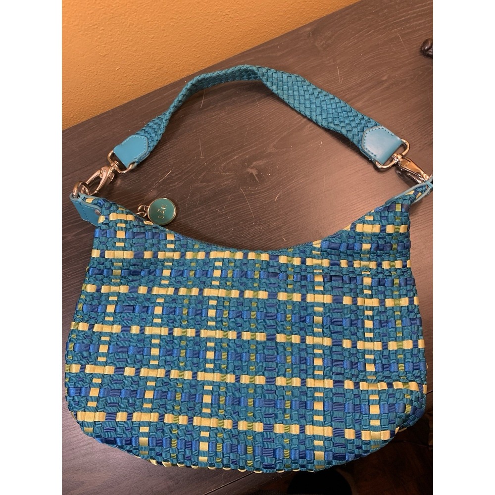 The Sak Purse Teal Turquoise Yellow Shoulder Woven Bag Zipper‎ Boho Party